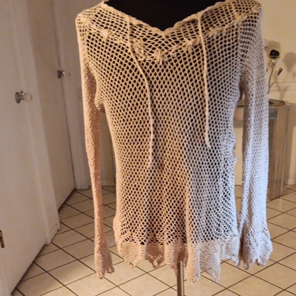 Choices Cream Crochet Open-Knit Long Sleeve Hoodie